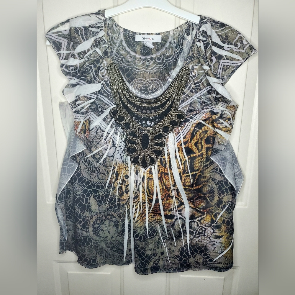 STYLE & CO WOMEN’S Animal Print Multi Pattern Emblished Neck Line Size Small